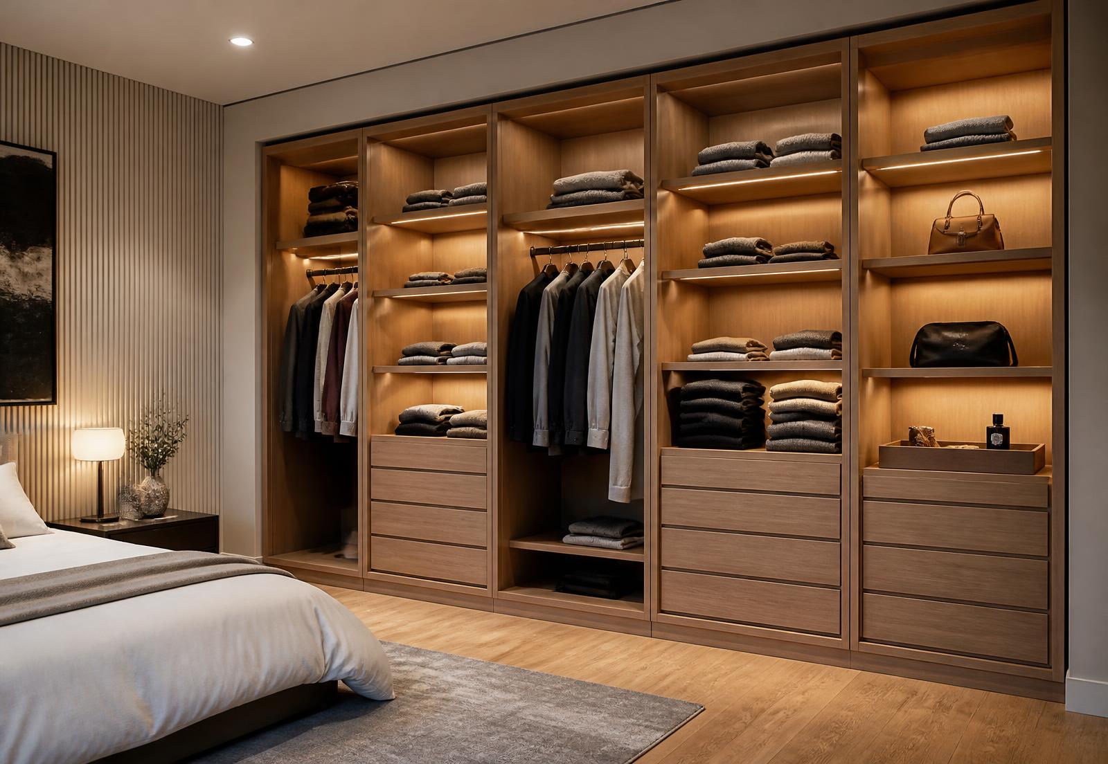 Closet por medida em carvalho integrado na parede de um quarto