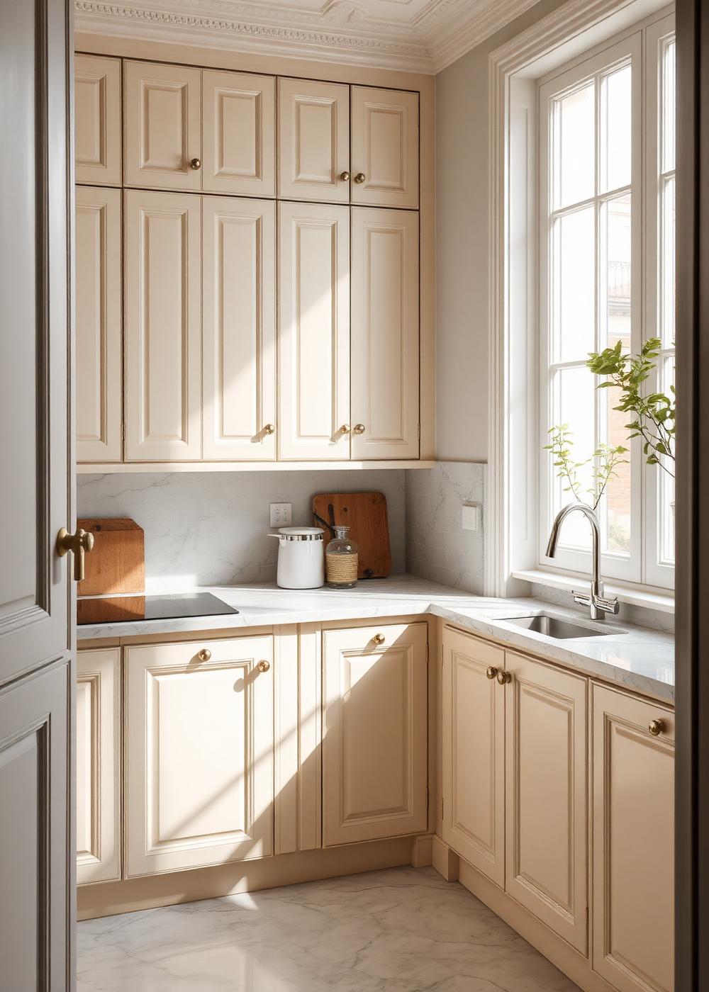 Cozinha clássica contemporânea com portas em creme e puxadores dourados