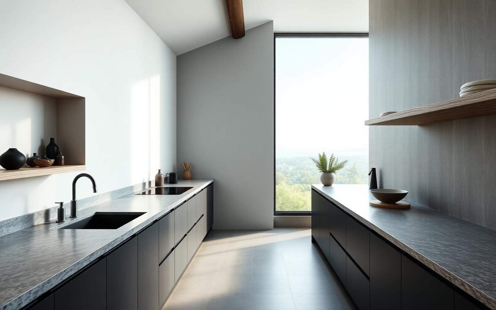 Bancada em pedra numa cozinha minimalista por medida