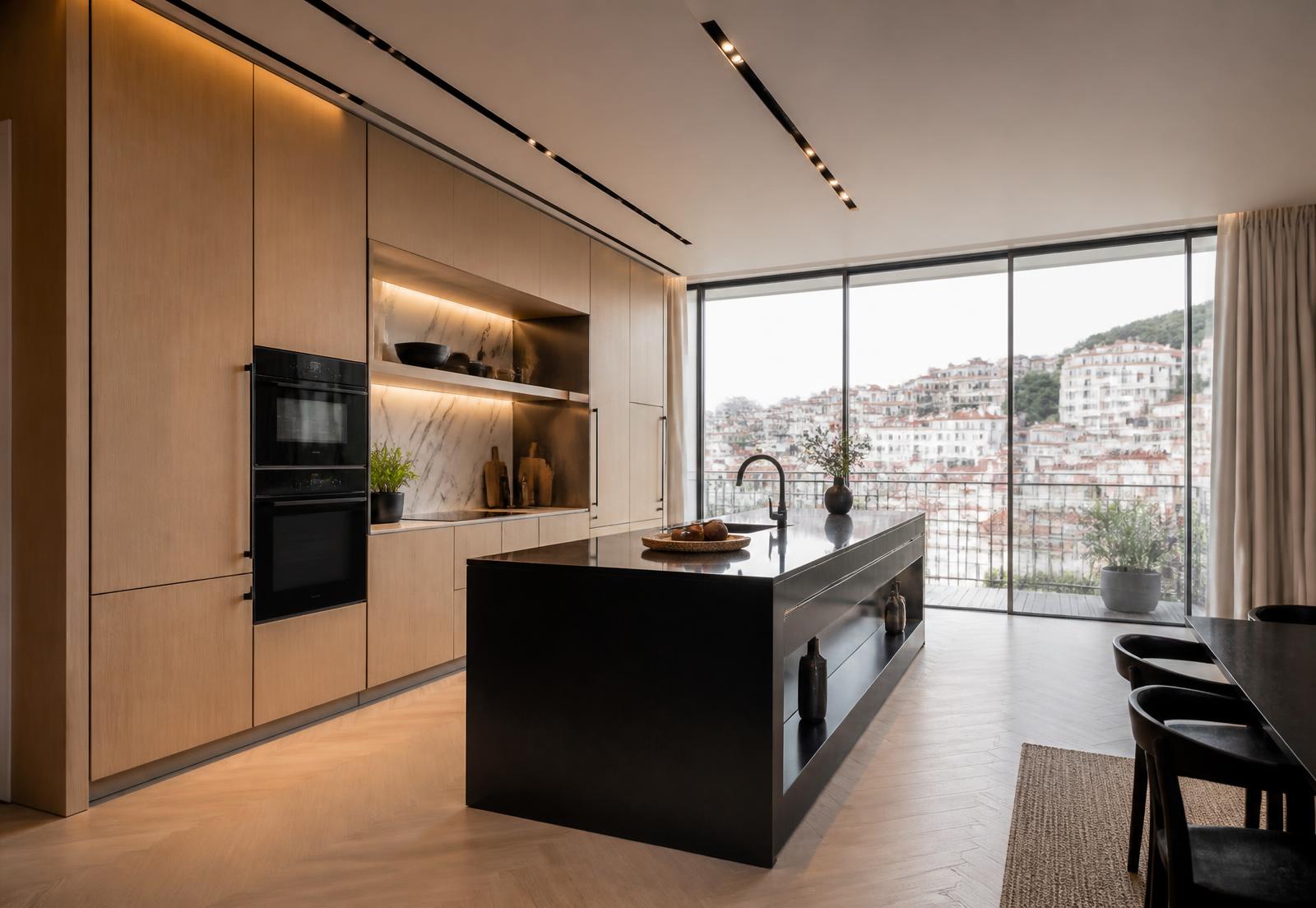 Cozinha por medida em carvalho com ilha preta num apartamento contemporâneo