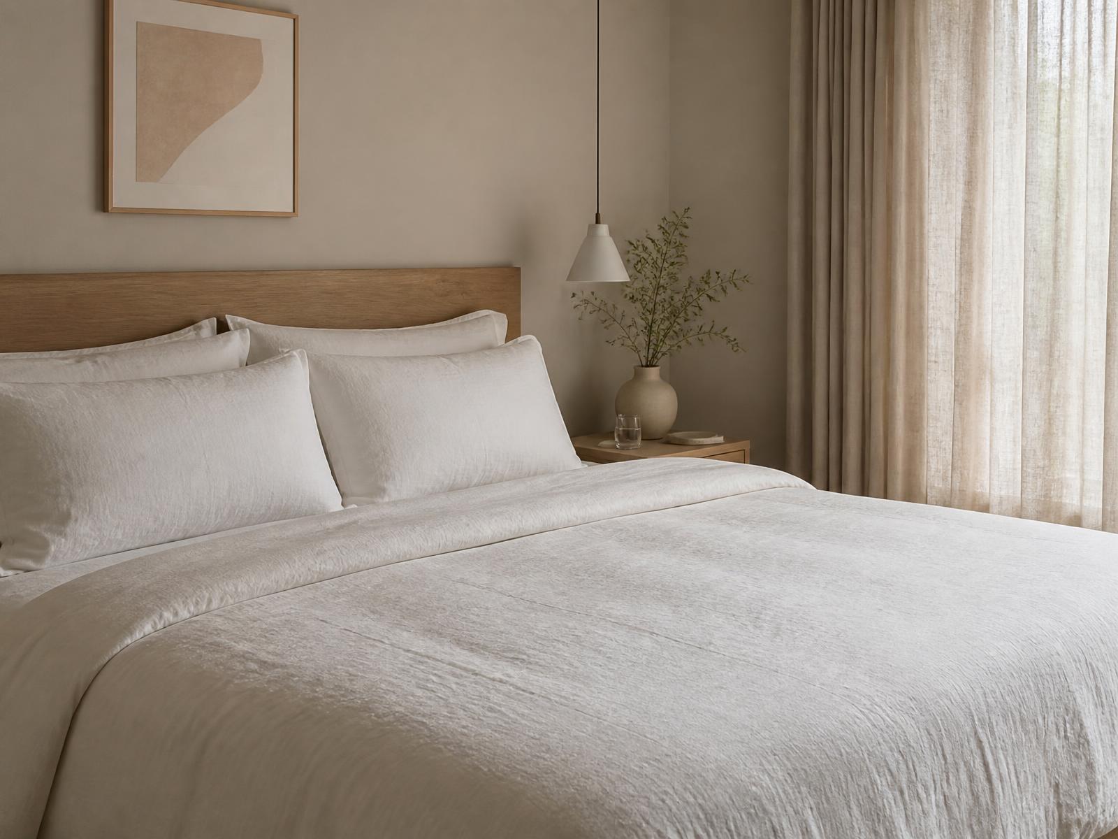 Quarto premium com colchão de qualidade e luz natural suave da manhã