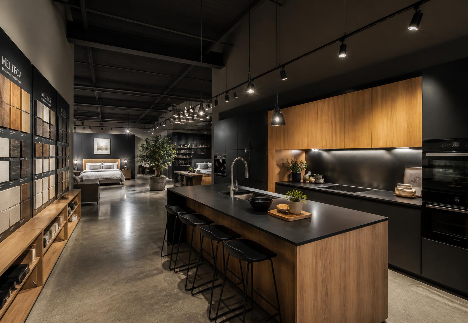 Showroom Mestre Silva Madeiras com cozinhas expostas, amostras de materiais e área de colchões